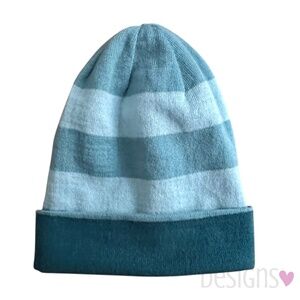 REI Acrylic Knit Striped Blue Green Slouch Beanie Hat Girls 7-14